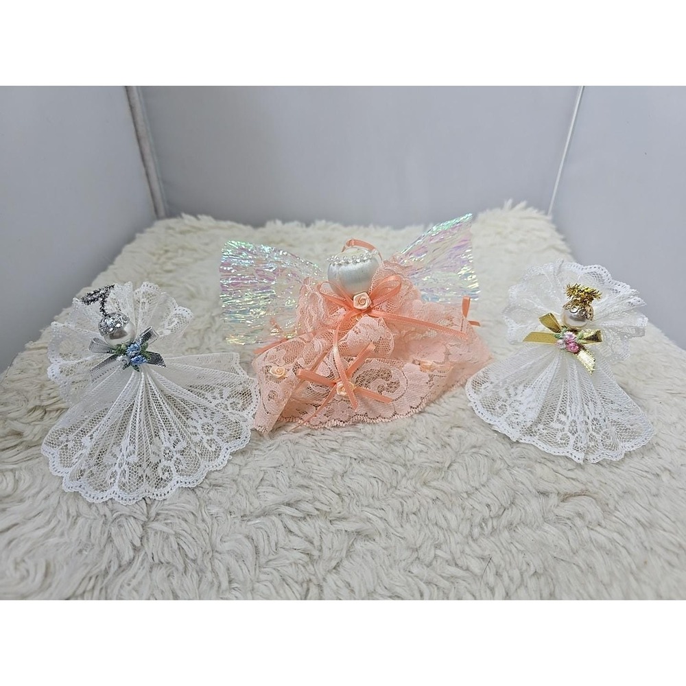 Vintage Christmas Angel Halo Lace Ornament Lot of‎ 3 Handmade White & Peach